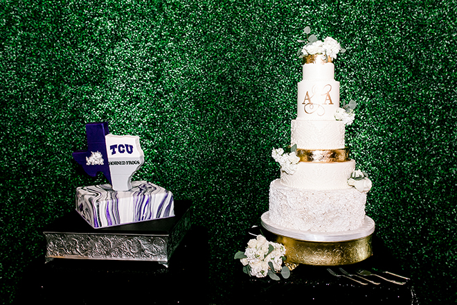 wedding cake, grooms cake, white, gold, tcu, college, cakes by gina