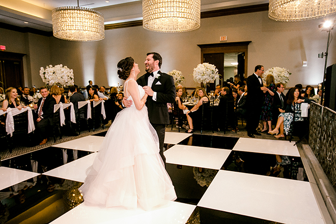 wedding reception, entertainment, first dance, dance floor, black, white, hotel zaza, memorial city, couple portrait, wedding photography