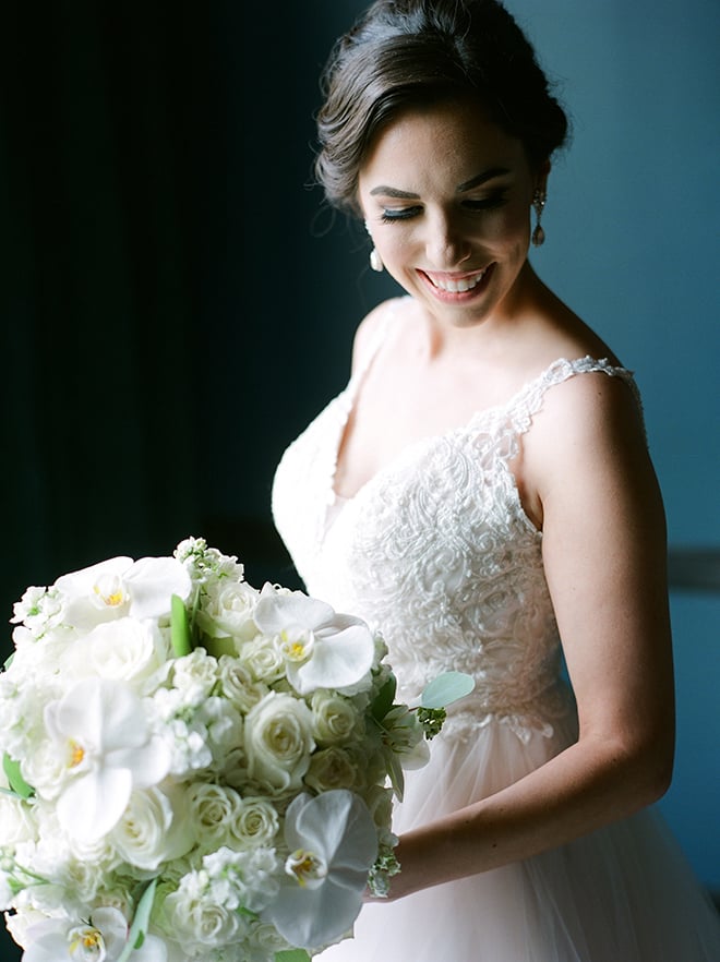 bridal portrait, bridal bouquet, white, roses, orchids, plants n petals