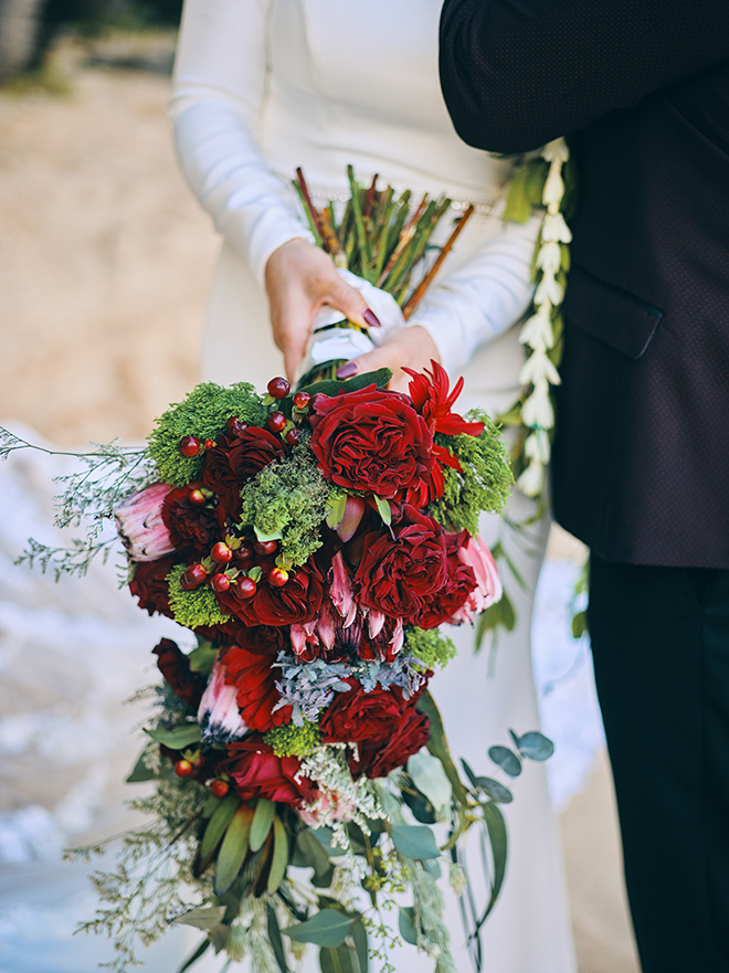 bridal, bouquet, tropical, red, burgundy, green, unique, hawaii, wedding