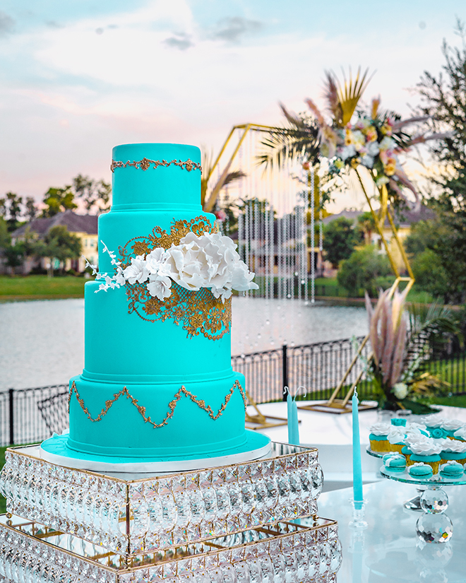 intimate wedding, blue cake, wedding cake, cakes by gina, gold, cake stand, dessert display