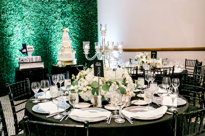 modern wedding, reception decor, hotel wedding venue, houston, hotel zaza, memorial city, black, white, metallics, plants n petals