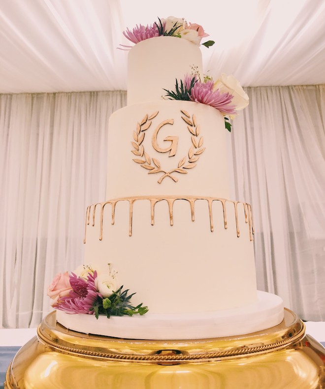 luxury wedding cake, floral accent, white, gold, cake design, common bond cakes