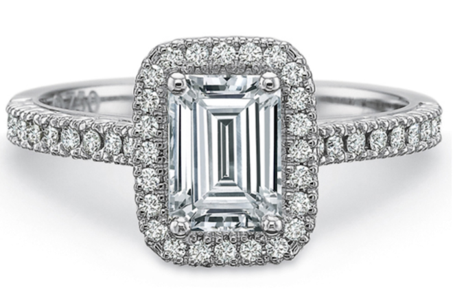 emerald cut, diamond, engagement ring, halo, plalatinum