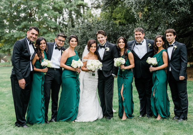 wedding party, bouquets, white, elegant, green, bridesmaids dresses, outdoor wedding photography