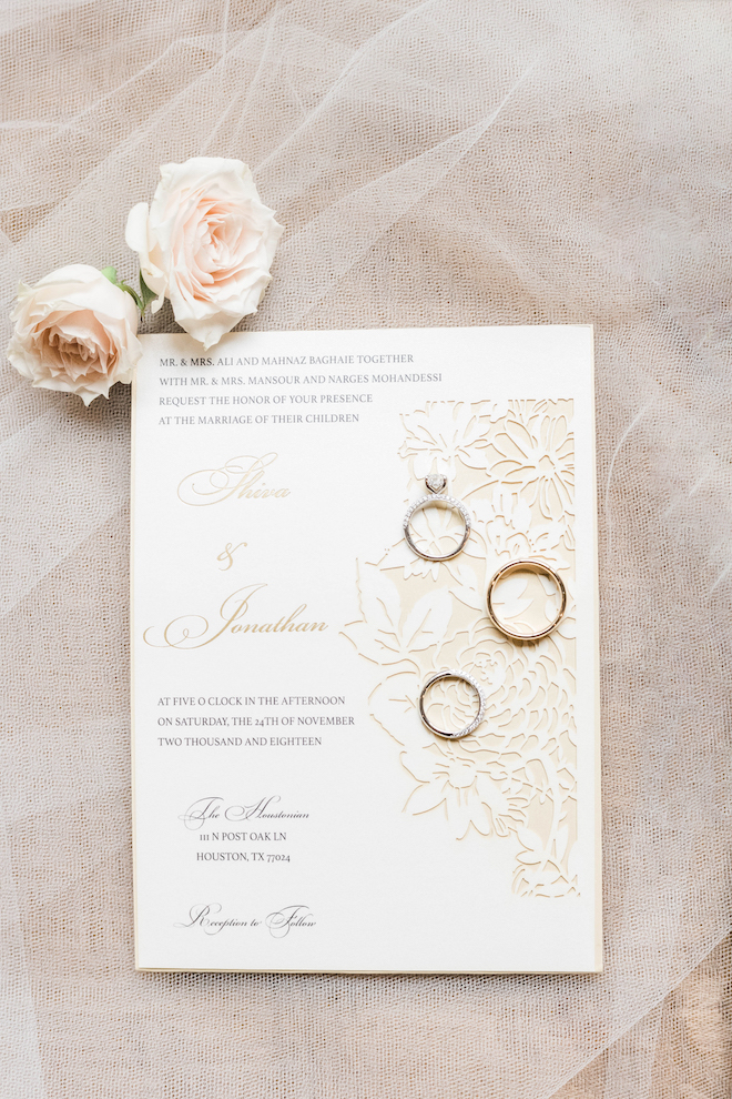 flat lay, white, gold, invitations, stationery, roses