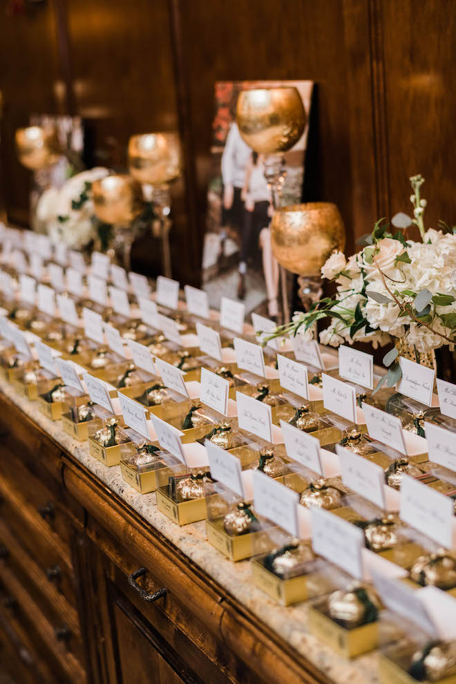 wedding favors, seating card, chocolate, gold jar