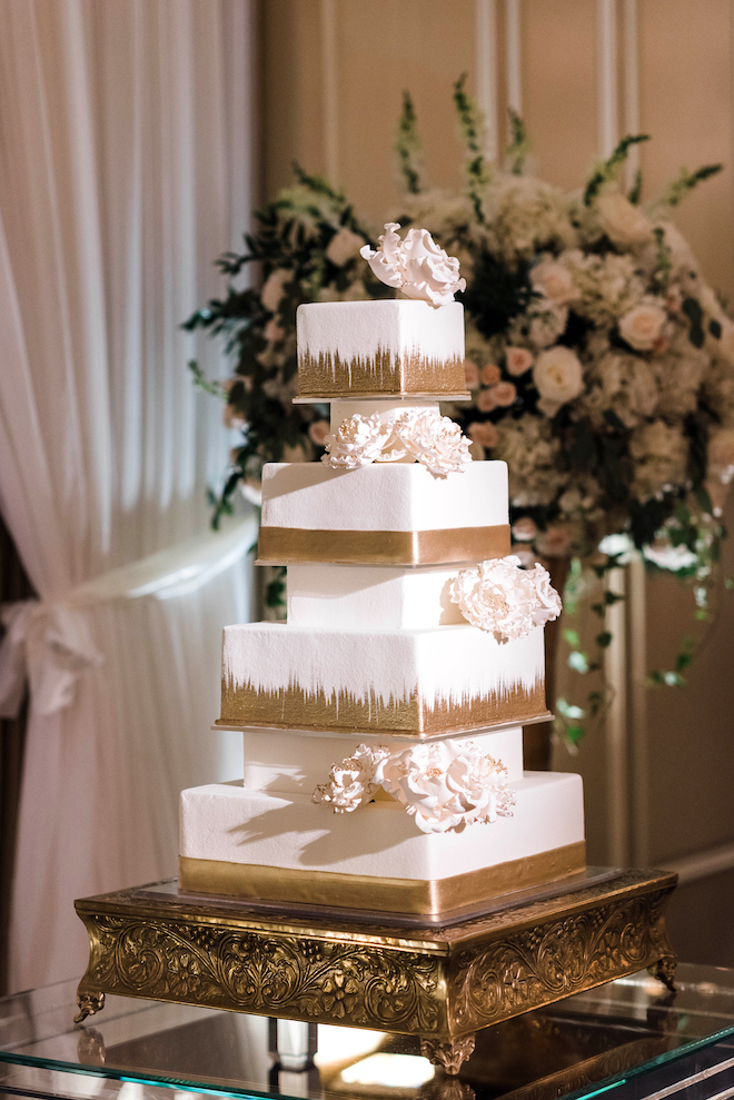 wedding cake, white, gold, four tier, square, susie's cakes, floral accents