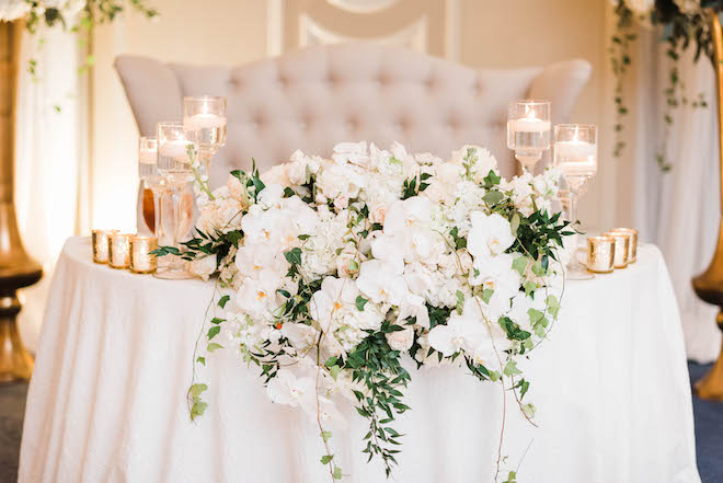 his her table, reception decor, candles, white, gold, orchids