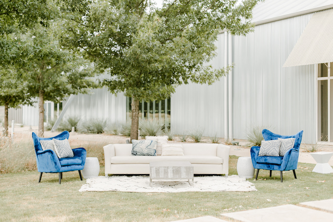 outdoor, lounge furniture, cocktail area, lounge seating, wedding, blue, gray