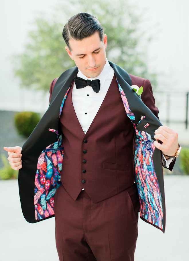 colorful, suit, burgundy, vest, unique, custom, bowtie, bold, groom, attire