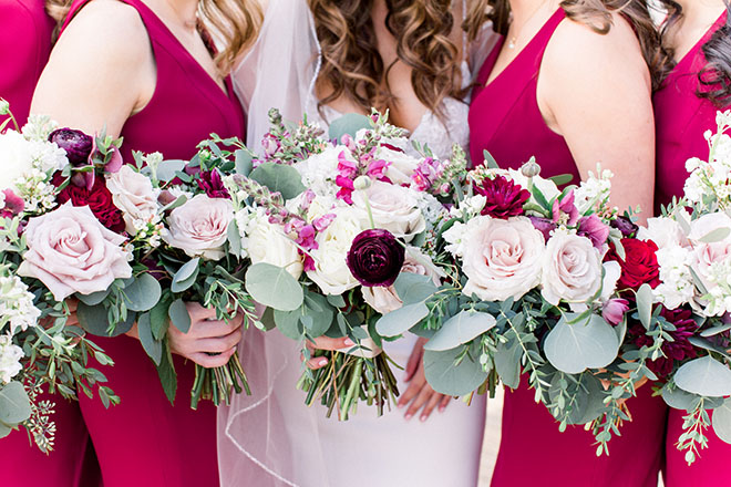 bridal, bride, bouquets, bridal, bridesmaids, ivory, burgundy, bridesmaid dresses