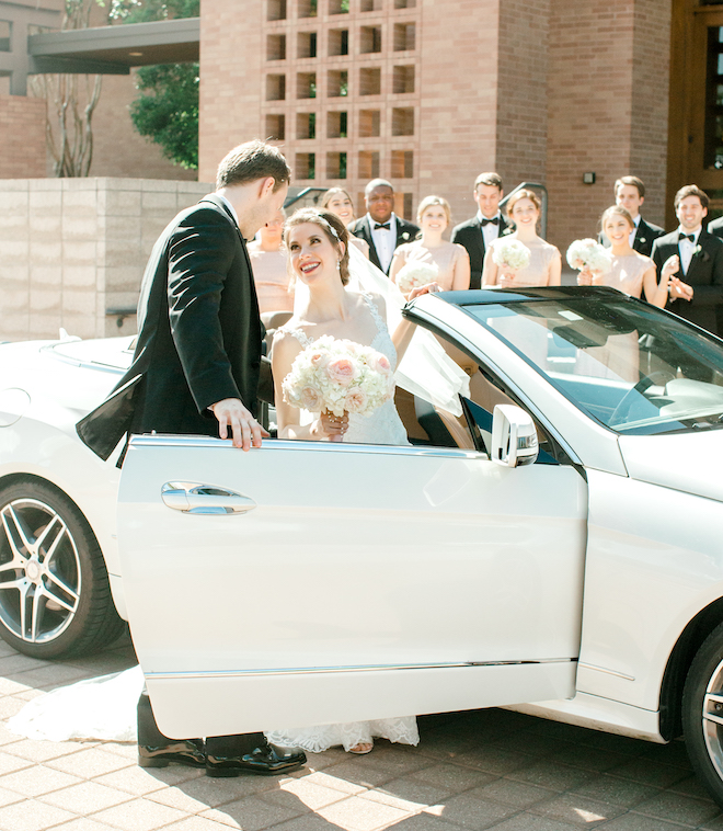 wedding transportation, bride, groom, post ceremony, convertible 