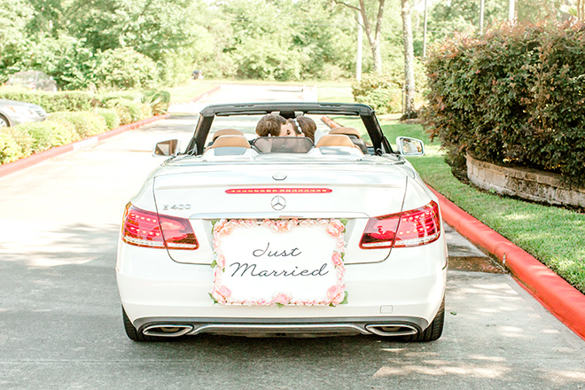 wedding transportation, bride, groom, post ceremony, convertible, just married sign, car