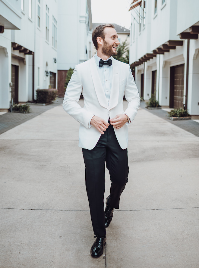 groomswear, groom, attire, bow tie, suit, white, jacket, black, dapper, stylish, trendy