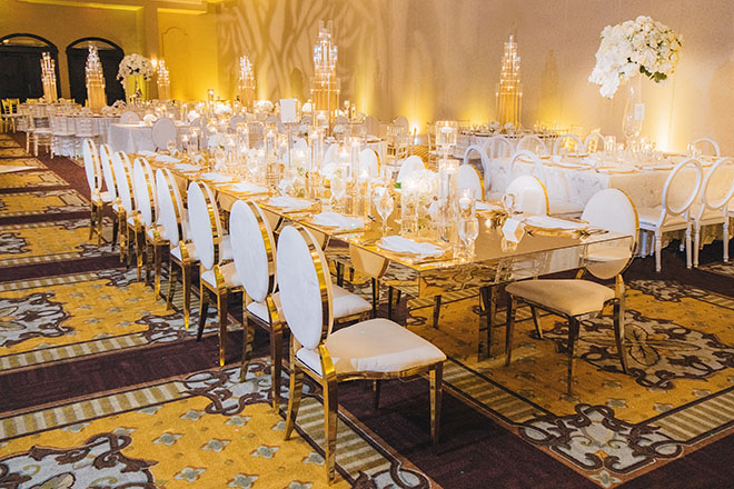 glamorous wedding, reception decor, wedding venue, real wedding, gold, white, ivory, bayou city events center, table setting, elegant, luxury, royal