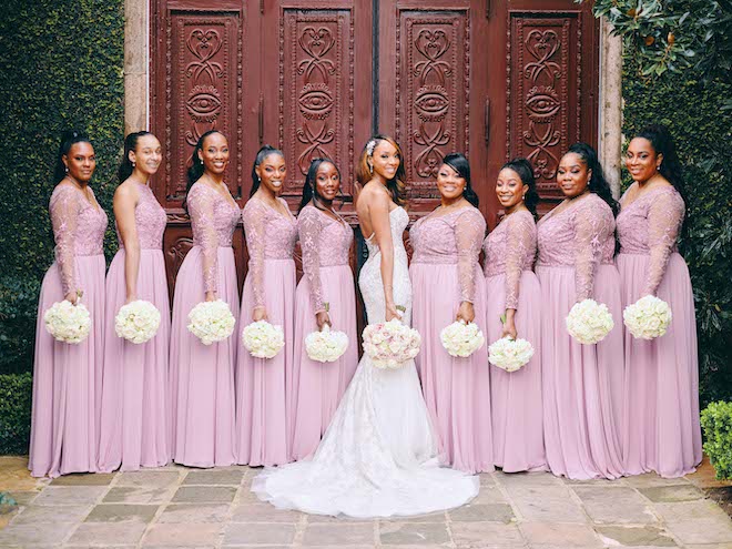 bridal party, bridesmaids, wedding photography, civic photos, pink bridesmaids dresses, bridal bouquet, the bell tower on 34th 