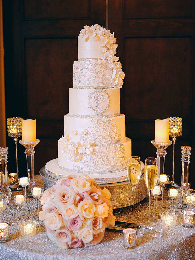 wedding cake, classic, timeless, white, floral, silver, 5-tier