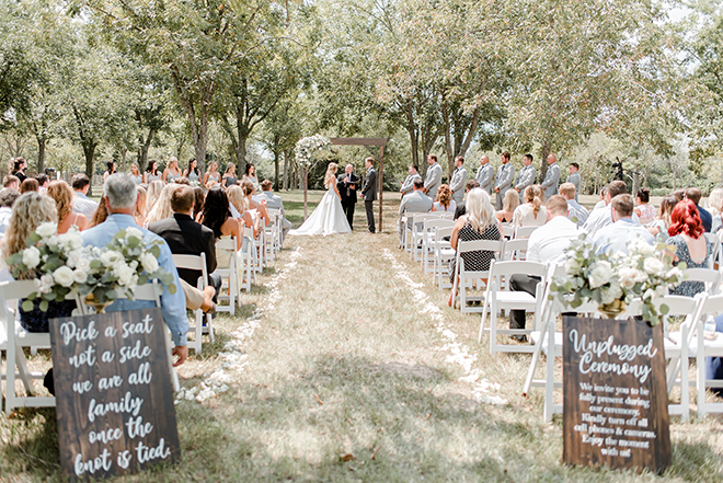 outdoor ceremony, bridal bouquet, bride, groom, estates at pecan park, white, grey, timeless, simple