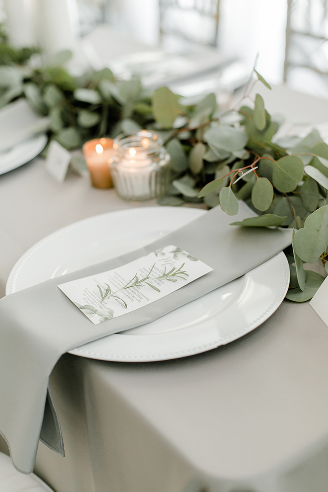 reception, place setting, table setting, grey, napkins, candles, simple, elegant, eucalyptus, stationery, menu