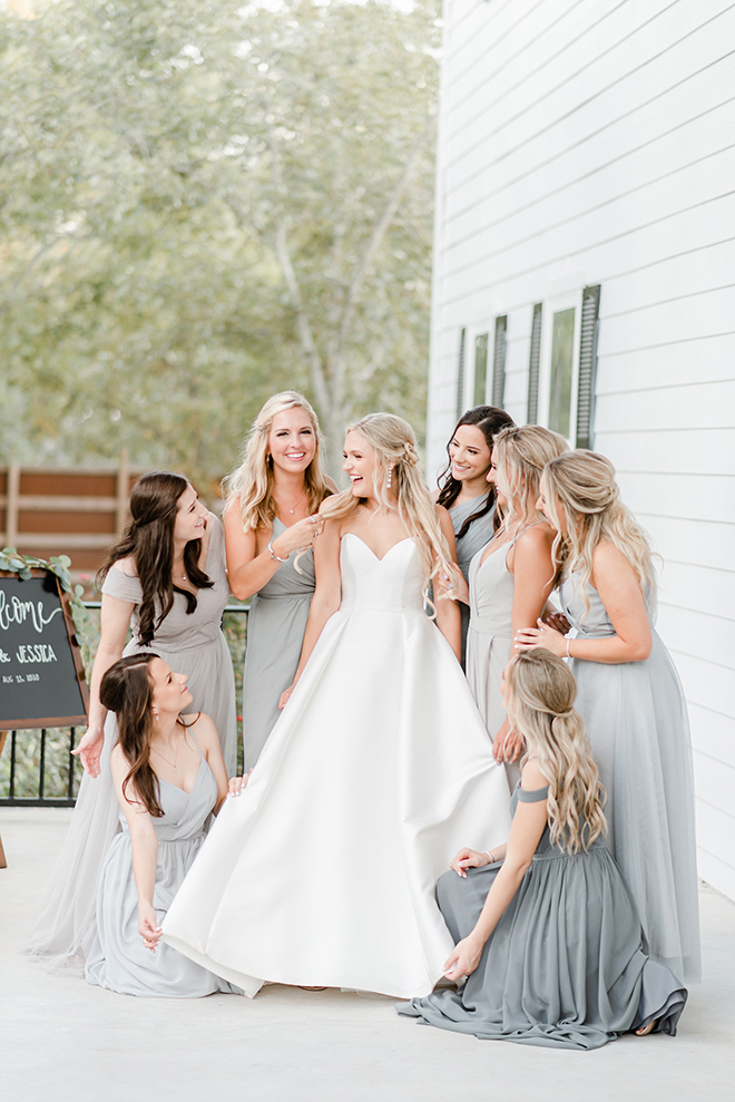 bridal party, bride tribe, grey, bridesmaids, dresses, estates at pecan park, amy maddox photography