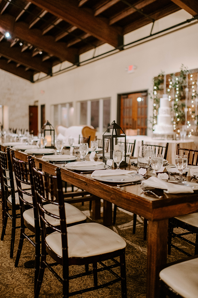 reception decor, wedding, venue, elegant, simple, lanterns, black chiavari chairs