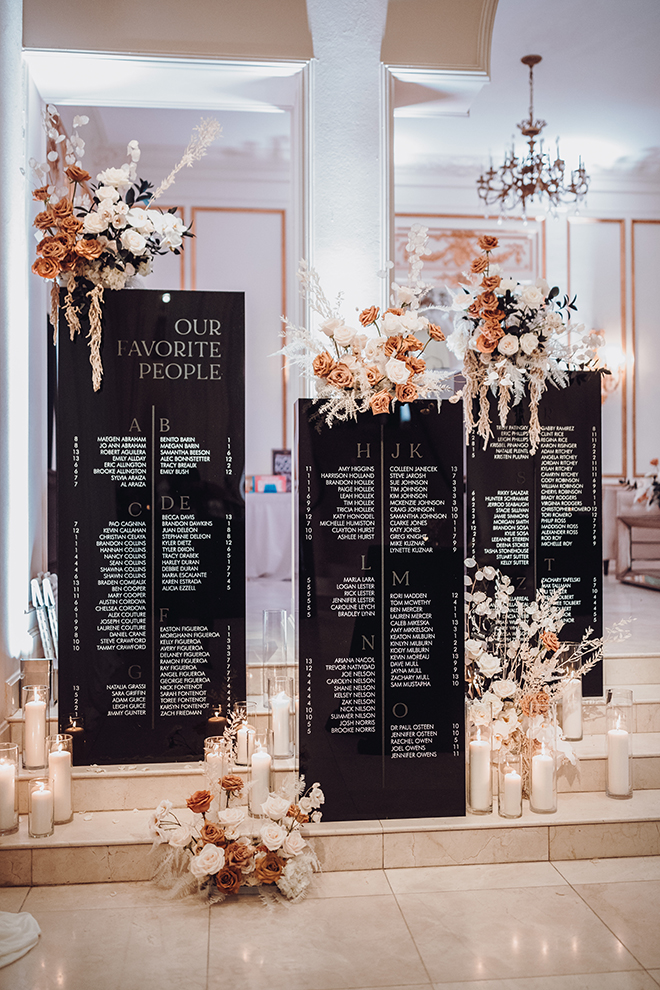 acrylic signage, modern wedding, candles, reception decor, seating chart, black, white, ivory, unique