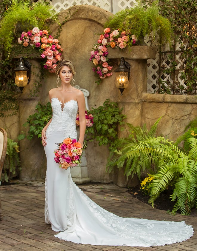 garden themed, styled shoot, wedding, vibrant, colorful, micro wedding, decor, reception, florals, flowers, venue, bridal, wedding gown, hair, makeup, red, orange, pink