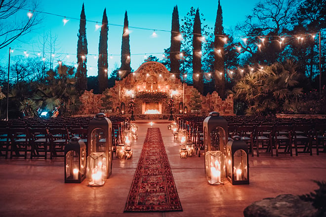 outdoor ceremony, twinkle lights, candes, carpet runner, madera estates, ama by aisha, night, evening