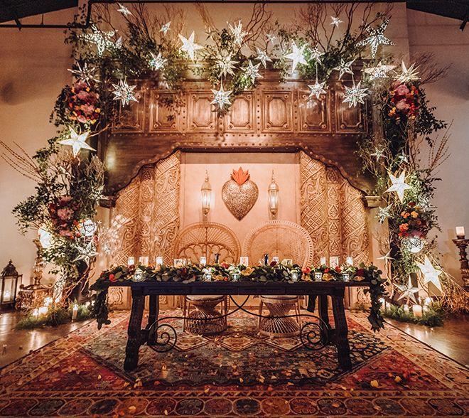 reception decor, couple's table, greenery, red, orange, yellow, flowers, metal, spanish-inspired wedding, stars, madera estates