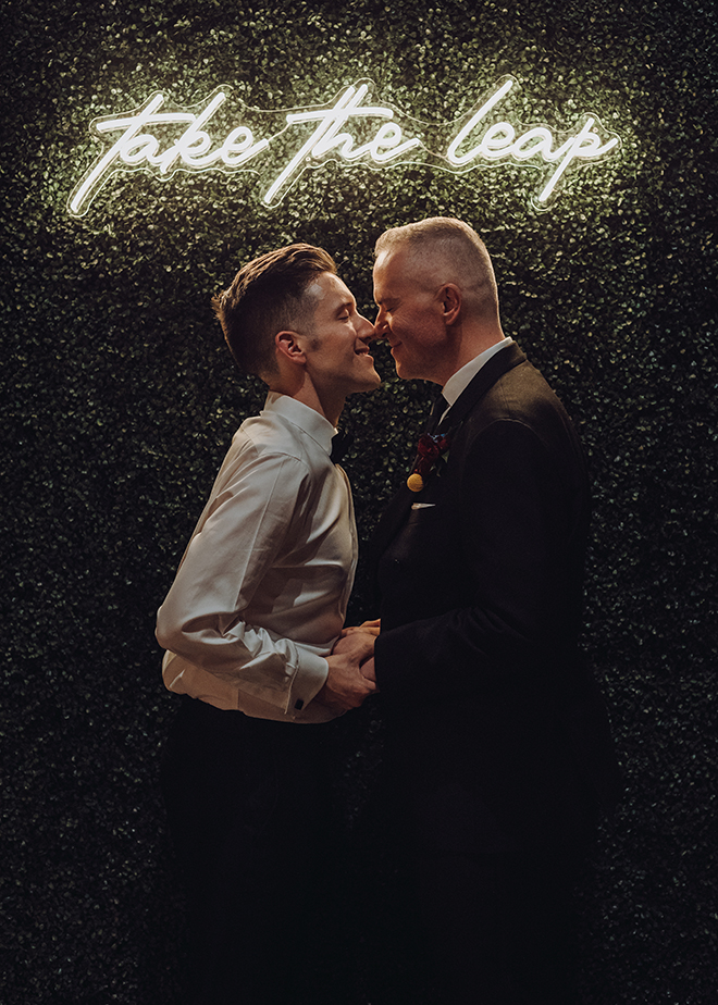 leap year, leap day, wedding, grooms, same sex, gay wedding, lgbt, neon signs, wedding signage