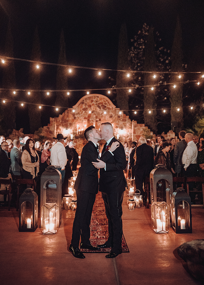 outdoor ceremony, twinkle lights, candes, carpet runner, madera estates, ama by aisha, same sex wedding, gay wedding, lgbt, real wedding