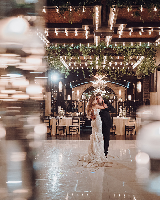 last dance, private dance, bride, groom, greenery, ethereal wedding, the astorian, ama by aisha, white, dance floor, monogrammed, gold