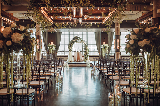 ceremony decor, floral arch, arbor, greenery, white, drapes, flowers, roses, orchids, the astorian, ethereal wedding