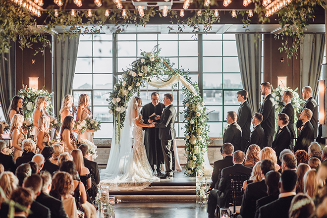 ceremony decor, floral arch, arbor, greenery, white, drapes, flowers, roses, orchids, the astorian, ethereal wedding