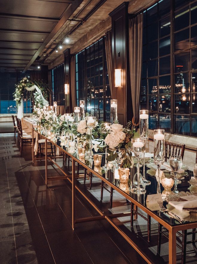 the astorian, reception decor, gold, white, greenery, ethereal wedding, floating candles, enchanting