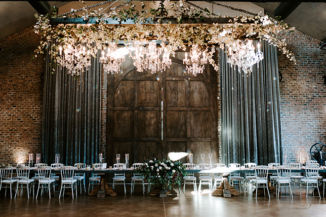 white linens, floral centerpieces, tall, chiavari chairs, silver, blush, burgundy, roses, reception decor, iron manor, romantic wedding