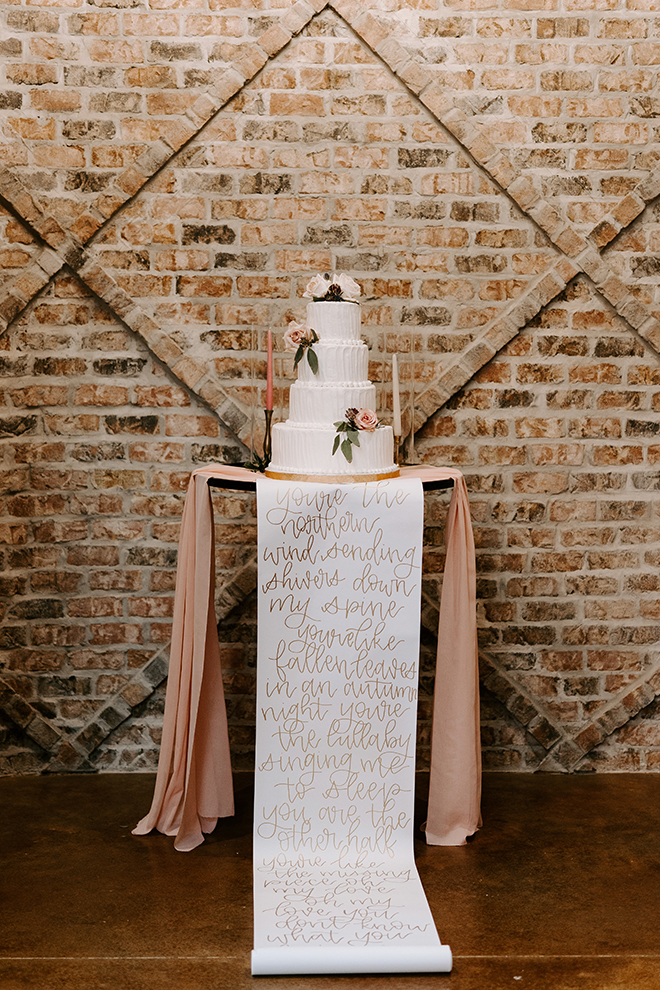 four tier cake, unique, personal, personalized, scroll, blush, ivory, white, roses, lyrics