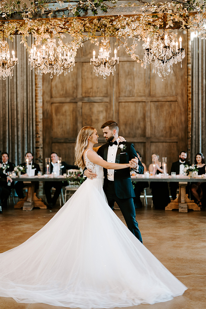 romantic wedding, first dance, wedding moments, reception entertainment, chandeliers, greenery, bride, groom, emily figurelli photography, iron manor, wedding venue