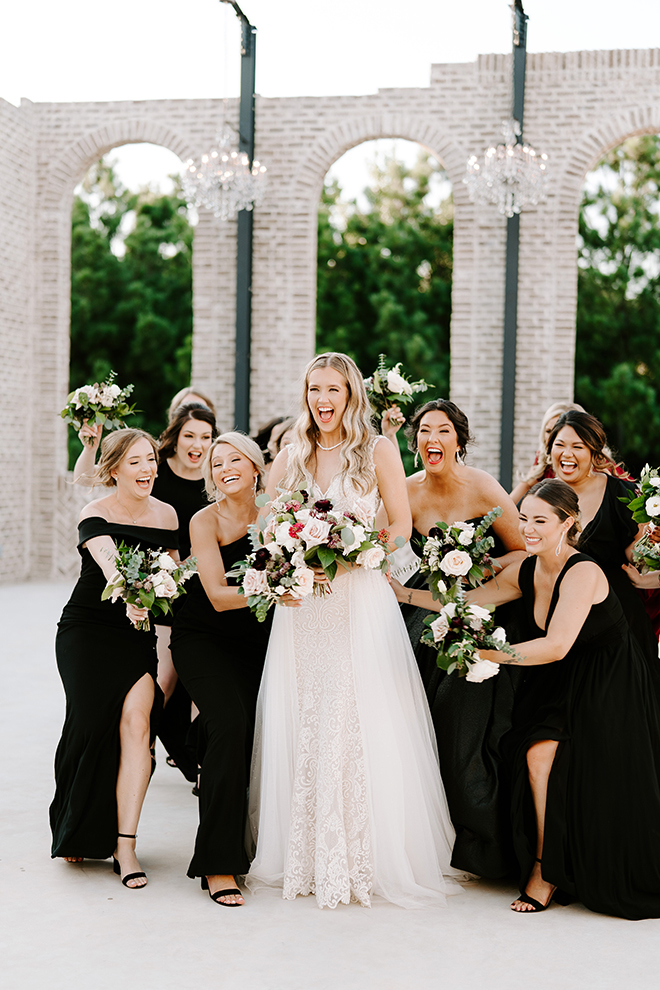 bride, bridesmaids, bridal party, bride tribe, black bridesmaids dresses, outdoor wedding photos, wedding photography, wedding moments, emily figurelli photography, venue, houston, iron manor, bridal bouquet, roses, blush, burgundy