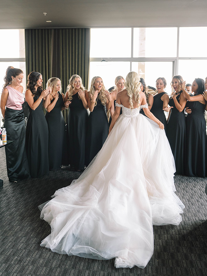 bride reveal, bridesmaids, black, bridesmaids dresses, wedding gown, wedding dress, off the shoulder, bride tribe