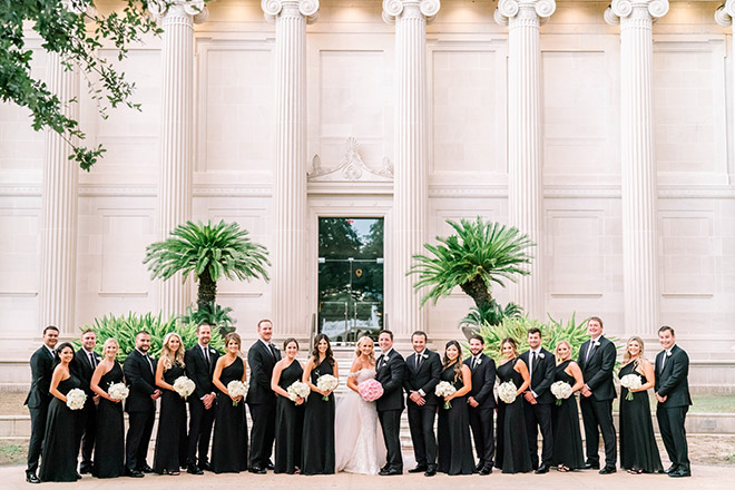 wedding party, wedding photography, bridal bouquet, wedding bouquet, white, pink, black bridesmaids dresses, bridal party, grooms party, black suit, tie, elegant