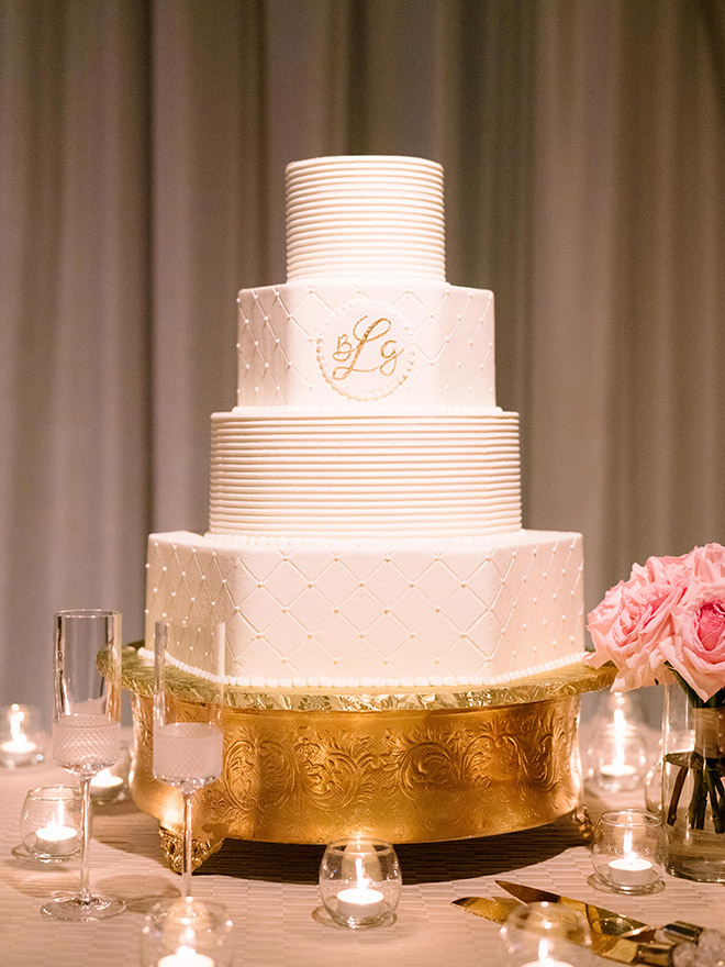 wedding cake, simple, elegant, pearl, monogram, gold, white, ivory, susie's cakes