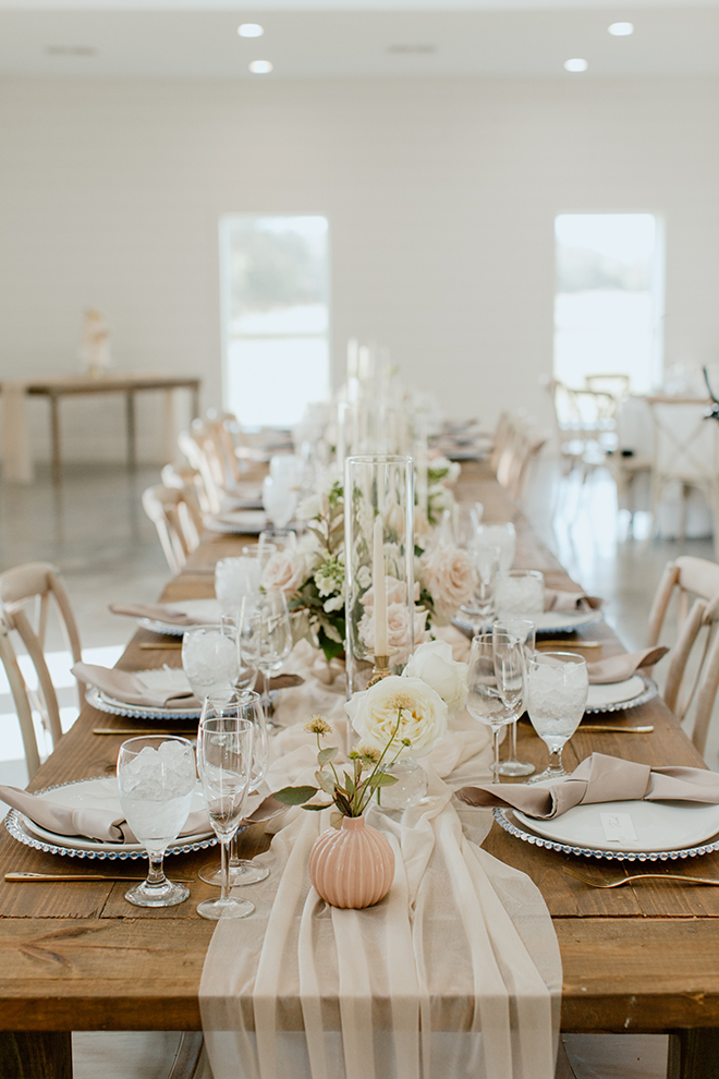 reception decor, blush, rustic, long table, sheer runner, champagne, modern, boho, wedding, decor