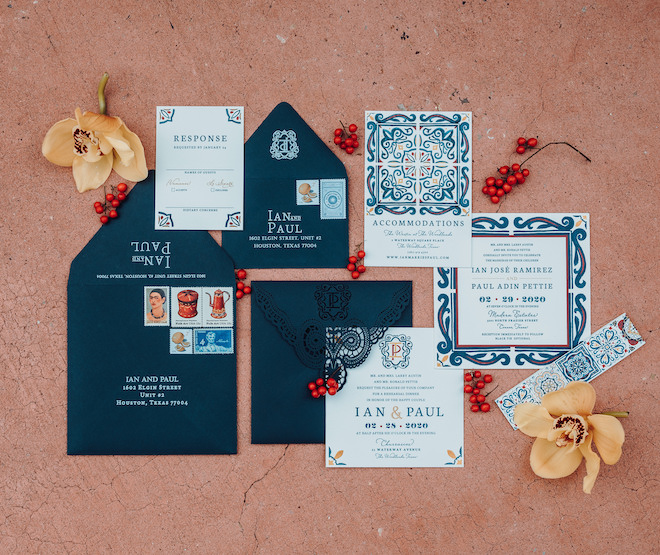 wedding, stationery, invitations, blue, red, yellow, frida kahlo, spanish-inspired, spanish tile, vintage