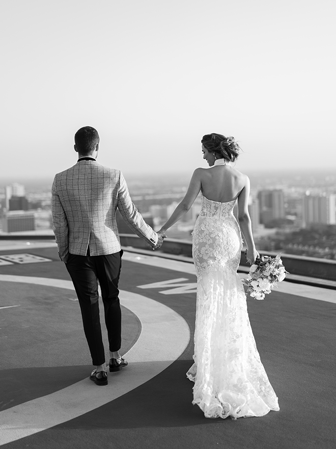 halter bridal gown, bride, groom, luxury, wedding editorial, inspiration, stephania campos, helicopter, helicopter pad, post oak hotel, uptown, houston,