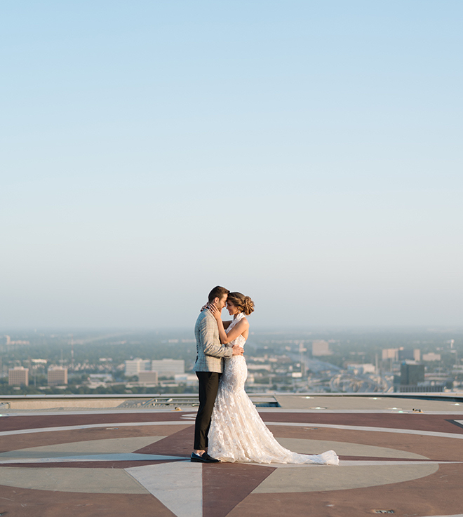 halter bridal gown, bride, groom, luxury, wedding editorial, inspiration, stephania campos, helicopter, helicopter pad, post oak hotel, uptown, houston