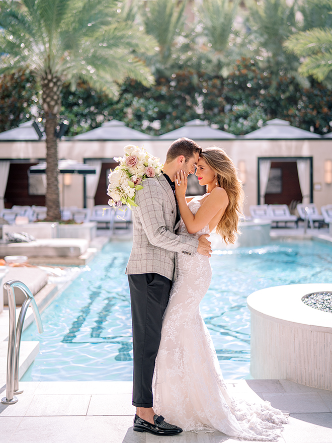 poolside, mira zwillinger, bridal gown, strapless, lace, bridal hair, bridal makeup, misty rockwell artistry, stephania campos, post oak hotel at uptown houston