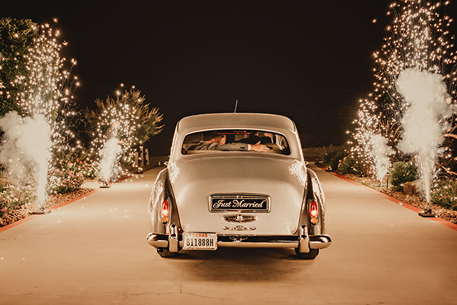 sparkler, send off, getaway car, vintage car, bride, groom, grand exit