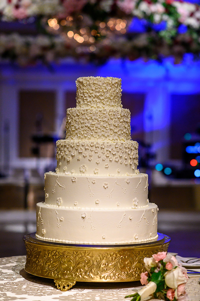 white wedding cake, floral accents, five tiers, susie's cakes, elegant